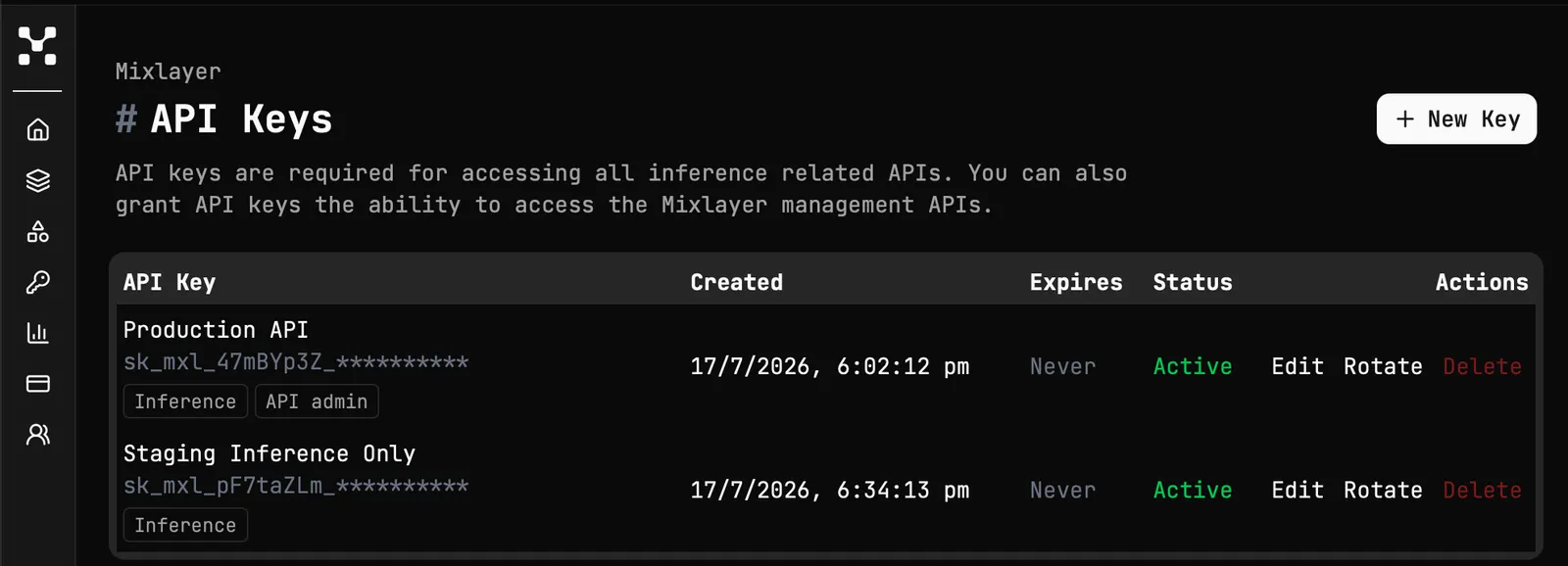 API Keys page in the Mixlayer console